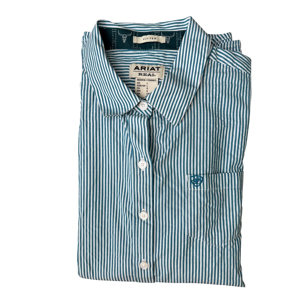 Ariat Real Women L Teal White Striped Fitted Western Button Down Shirt L/S